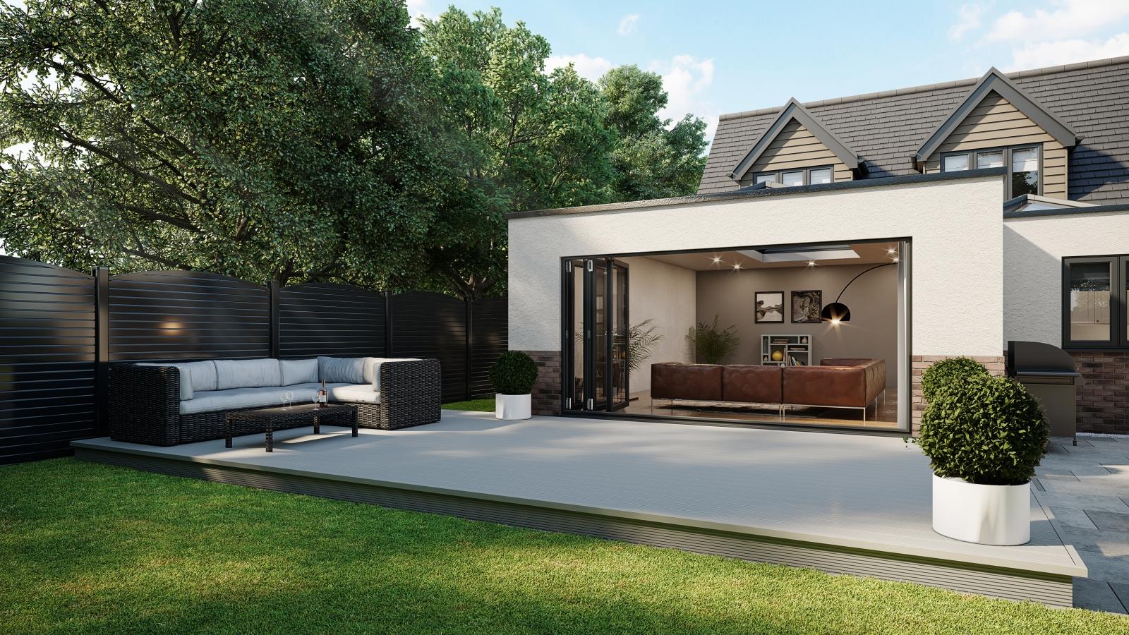 CGI image of a back garden with Liniar SwitchBoard decking 