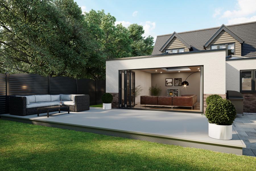 CGI image of a back garden with Liniar SwitchBoard decking 