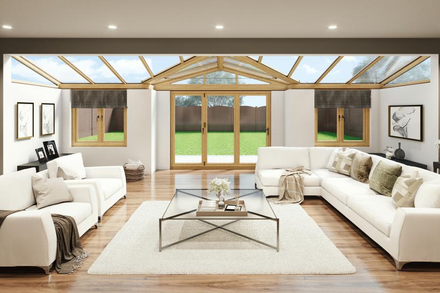 CGI of large living room with Irish Oak conservatory 