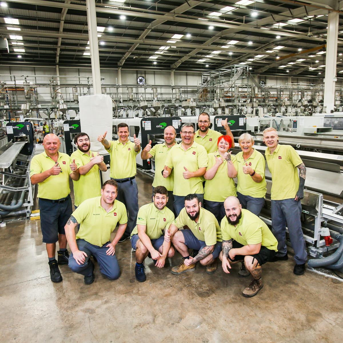 Group photo of Liniar extrusion team in the extrusion hall 